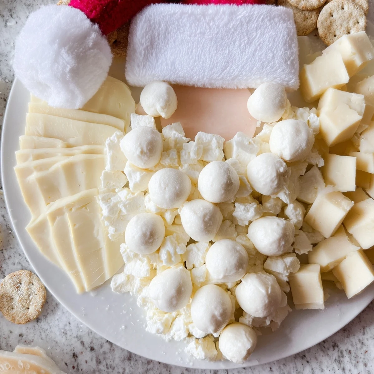 A delicious Santas Beard and Hat Board, loaded with creamy cheeses and savory meats, perfect for Christmas!