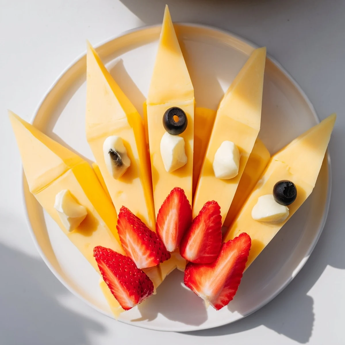 A colorful Retro Rocket snack platter: cheddar cheese rocket with strawberry flames ready to share.