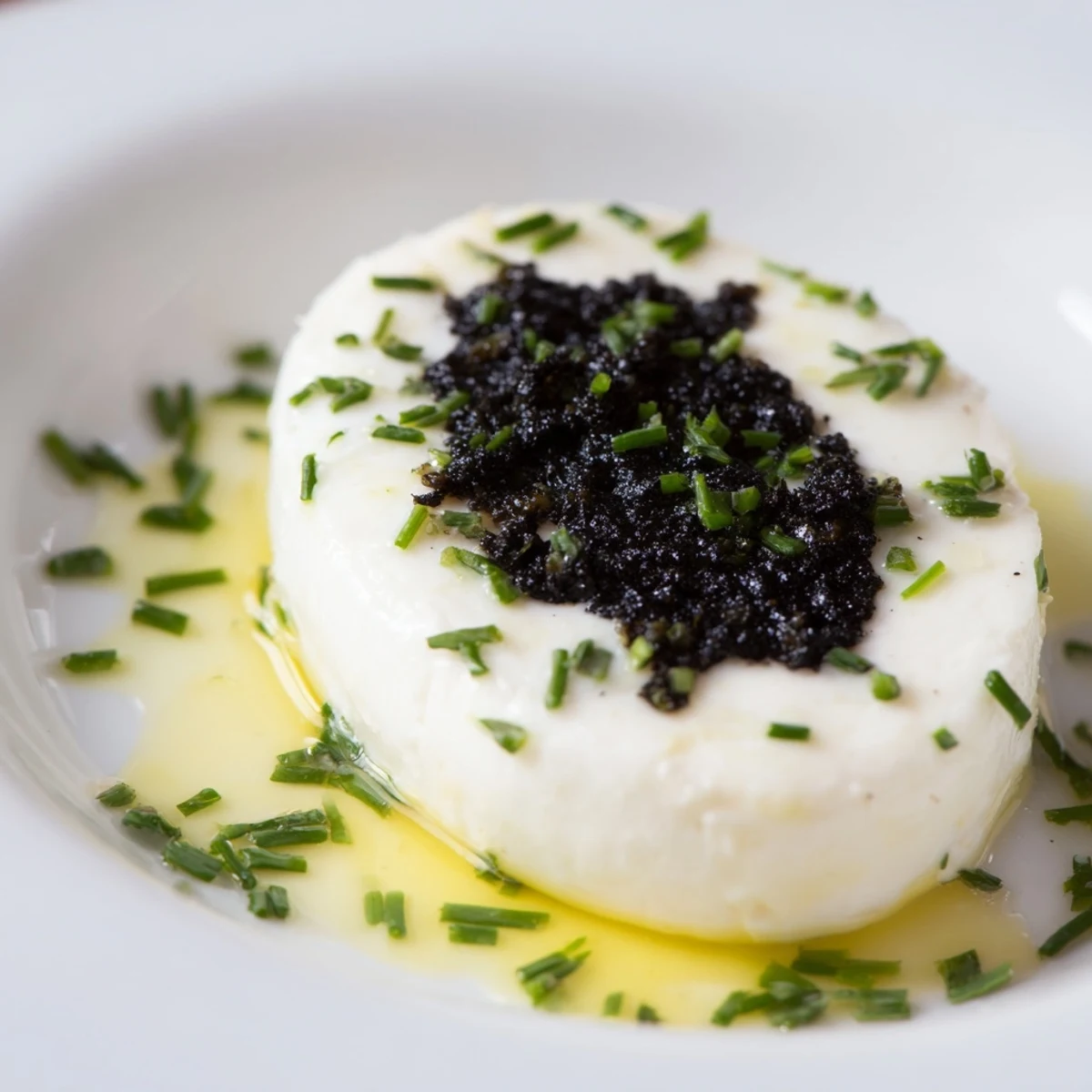 A close-up of The Victorian Cameo appetizer: creamy cheese with olive tapenade silhouette art.