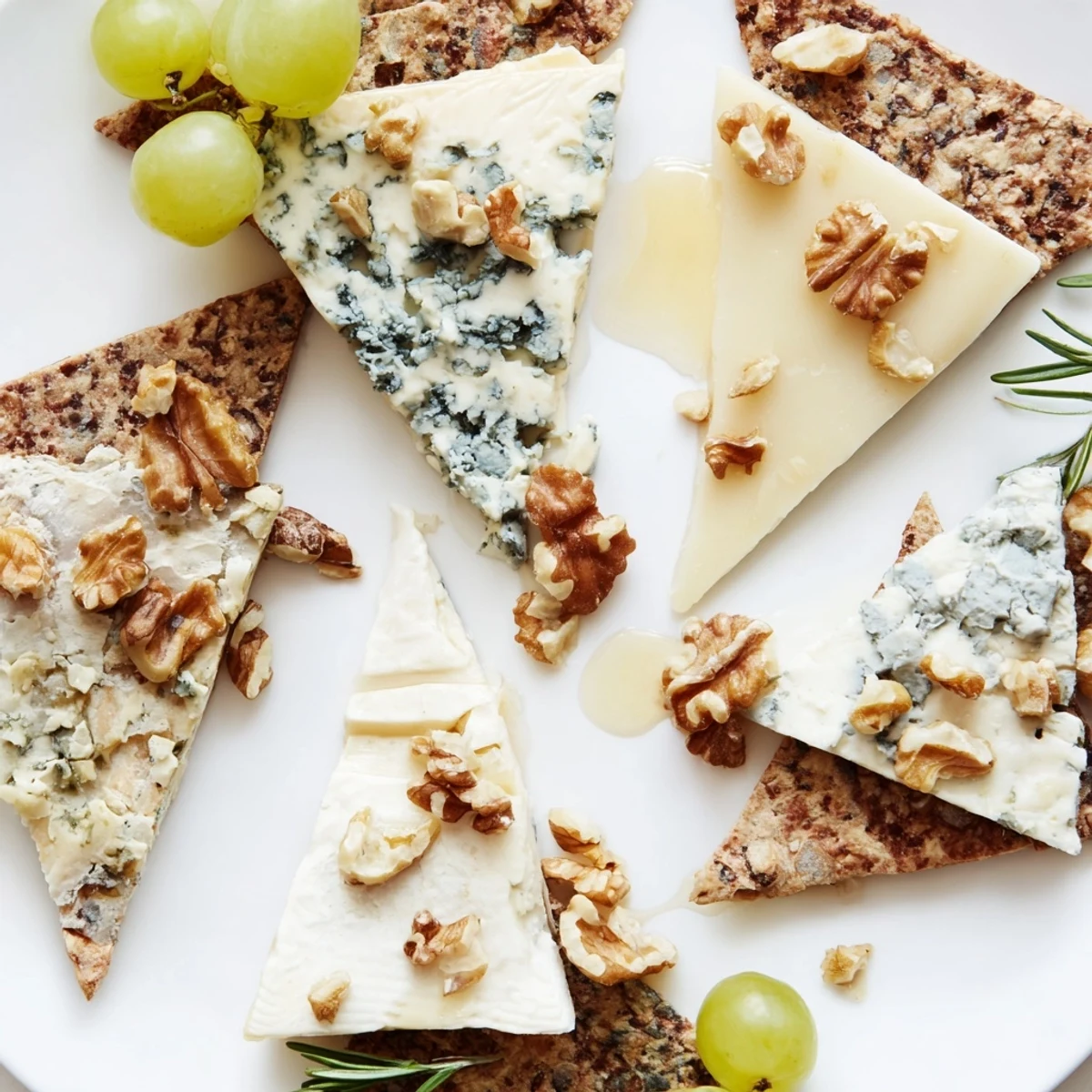 A visually stunning "Blue Ridge Mountains" cheese platter with blue cheeses and crackers, ready to enjoy.