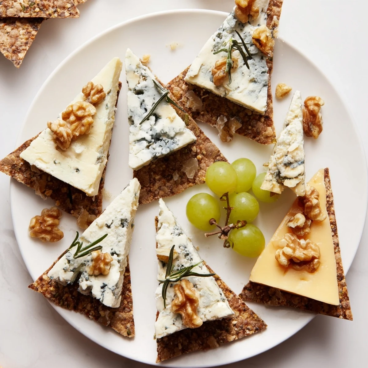 Artfully arranged "Blue Ridge Mountains" cheese platter: a savory landscape featuring blue cheeses and fresh grapes.