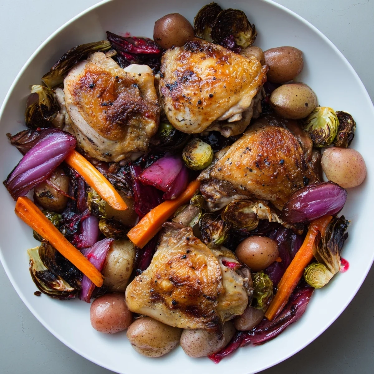 Sheet pan chicken with cranberry vinaigrette, offering juicy roasted chicken and colorful veggies, drizzled with tangy vinaigrette.
