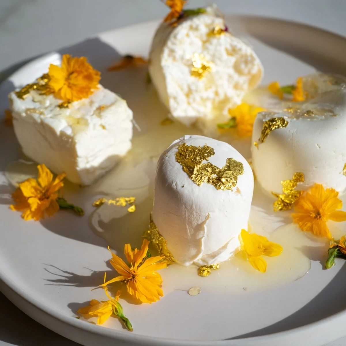 The Gilded Lily cheese platter, a beautiful arrangement of creamy cheeses decorated with edible gold.