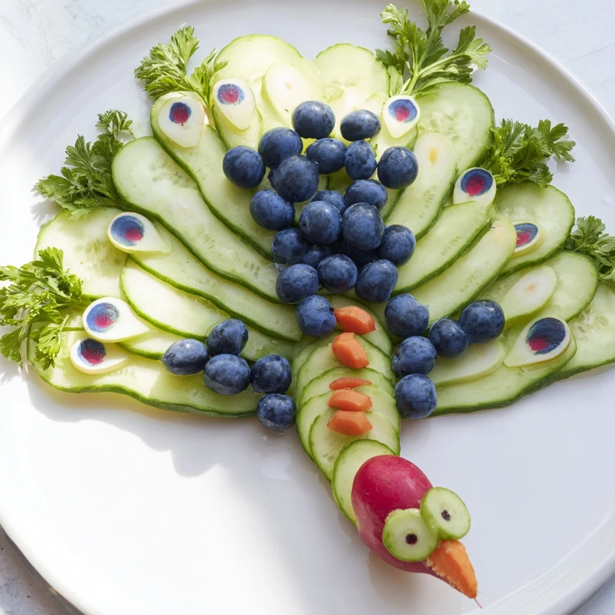 Vibrant Peacock Tail platter with juicy grapes, radish accents, ideal for a party appetizer.
