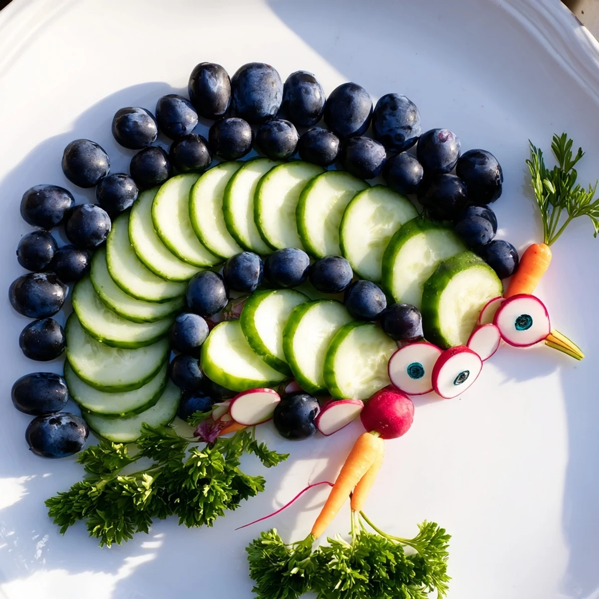 Visually appealing photo of a delicious, colorful, fresh Peacock Tail fruit and vegetable platter.