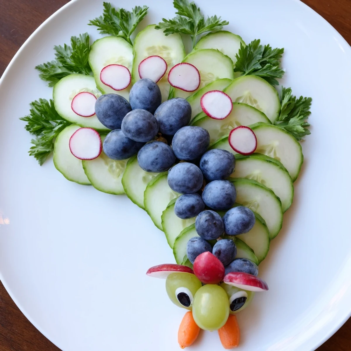 Freshly arranged Peacock Tail appetizer: cucumber fan with grape "eyes" and radish details.