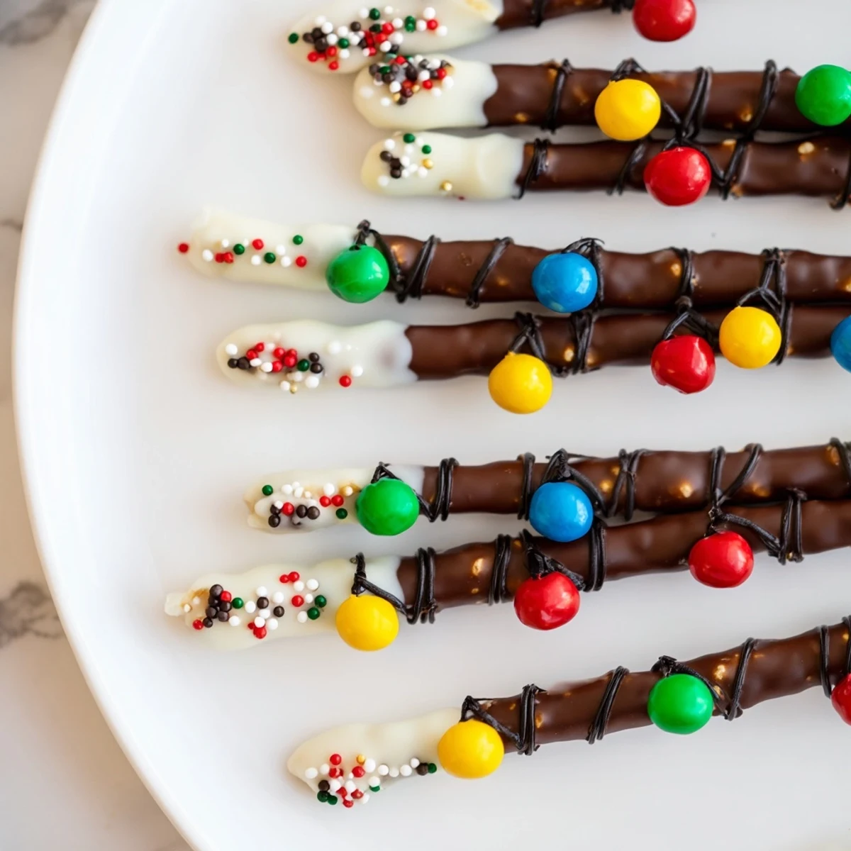 Image shows prepared No-Bake Pretzel Christmas Light Sticks, ready to be enjoyed as a holiday treat.