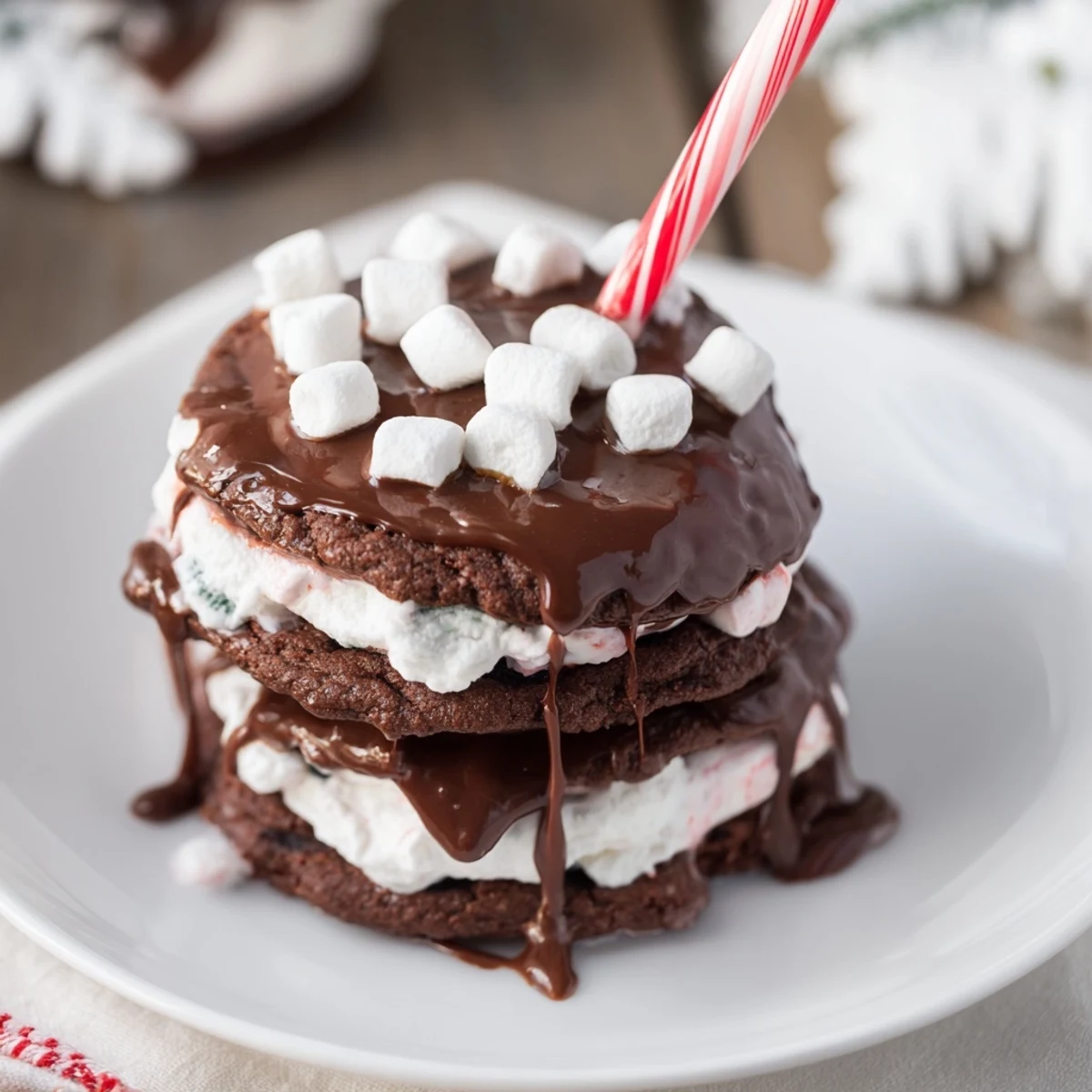 Warm, tempting picture of Hot Cocoa Mug Cookie Stack: chocolatey cookies layered high with fluffy frosting.