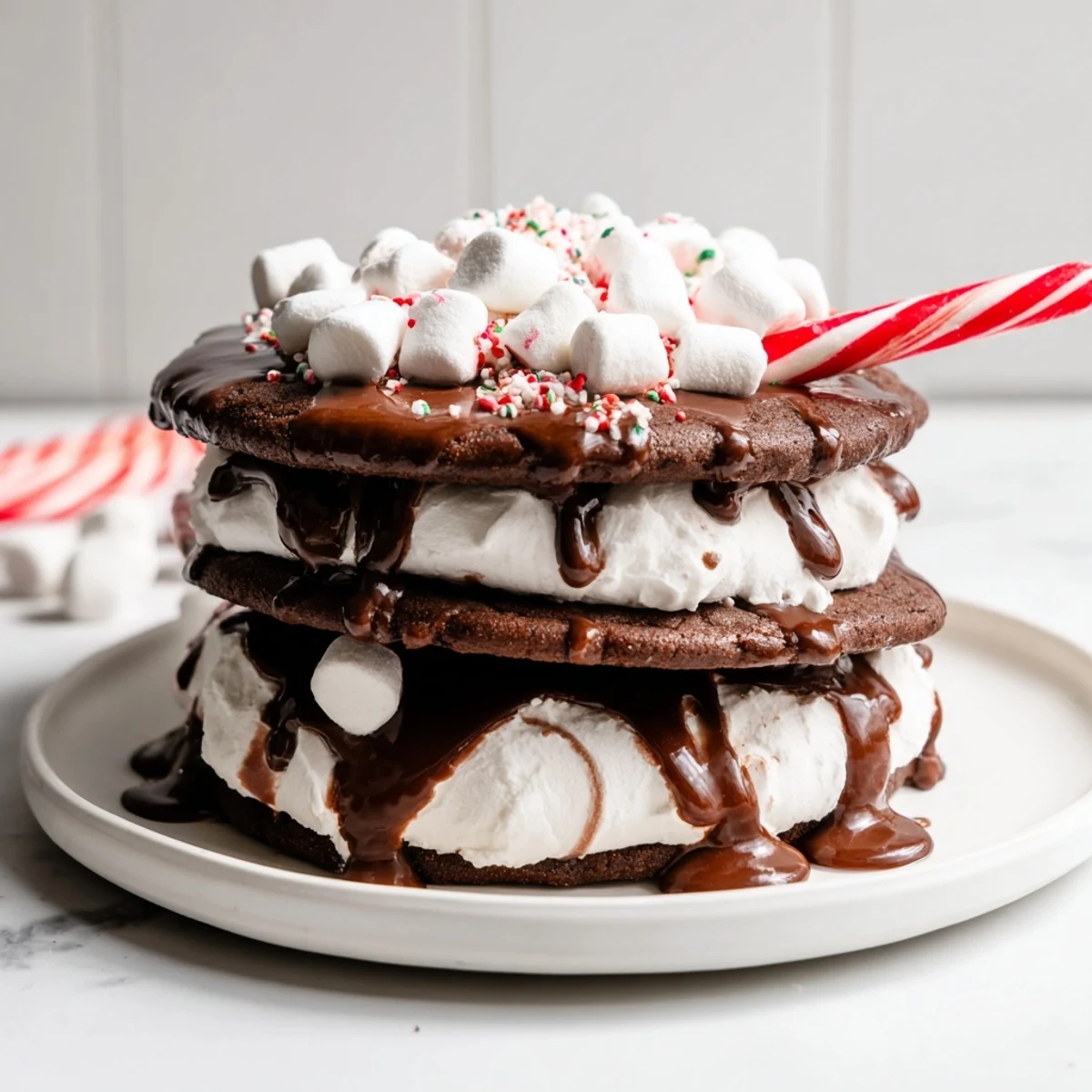 Delicious Hot Cocoa Mug Cookie Stack, drizzled with melted chocolate, featuring a whimsical candy cane handle.
