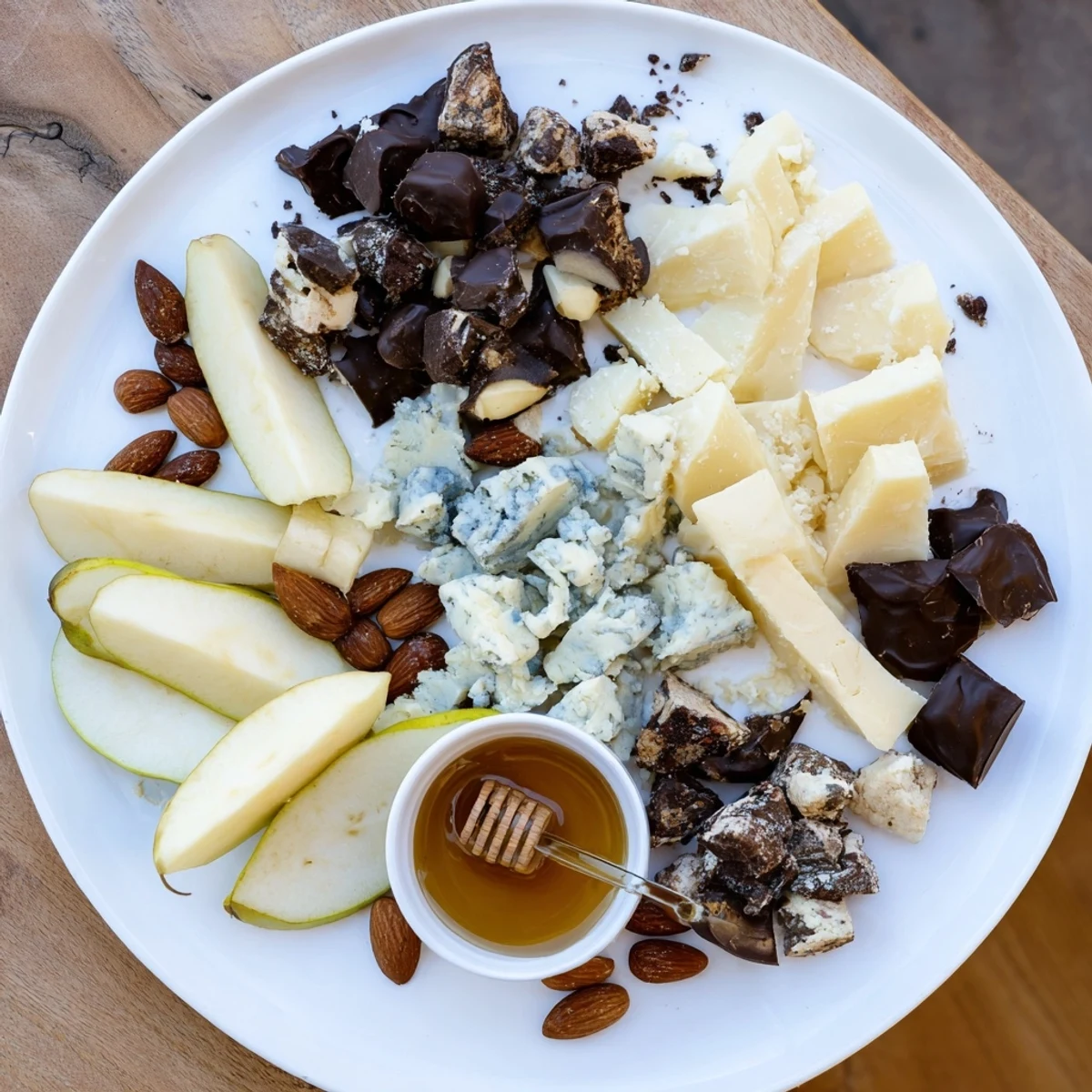 A beautiful platter with Fireside Comfort & Cocoa, filled with cheese, chocolate and fruit.