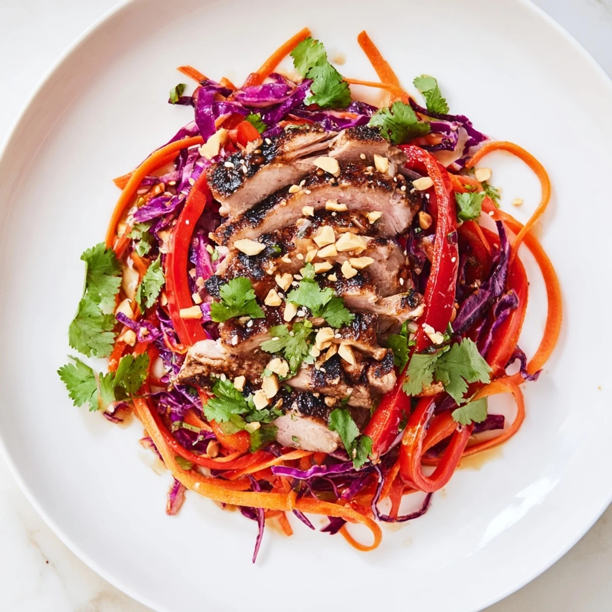 Carrot Ribbon and Chicken Slaw bursting with color: tender chicken, crunchy veggies, and a tangy dressing.