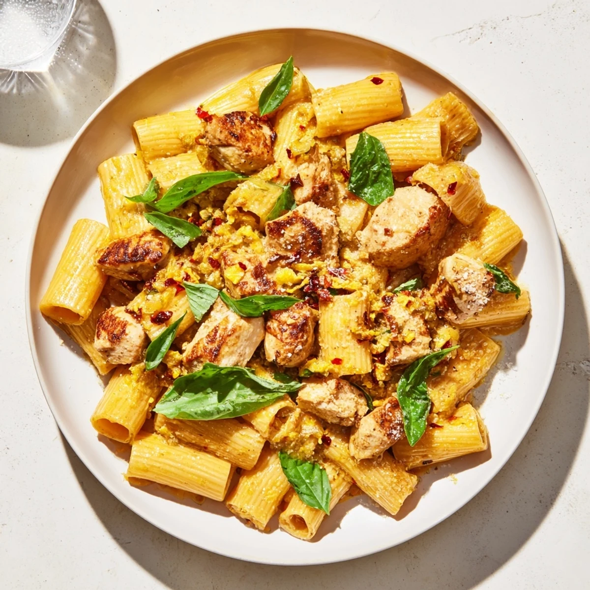 A creamy Spicy Vodka Chicken Pasta, topped with fresh basil and extra Parmesan cheese.