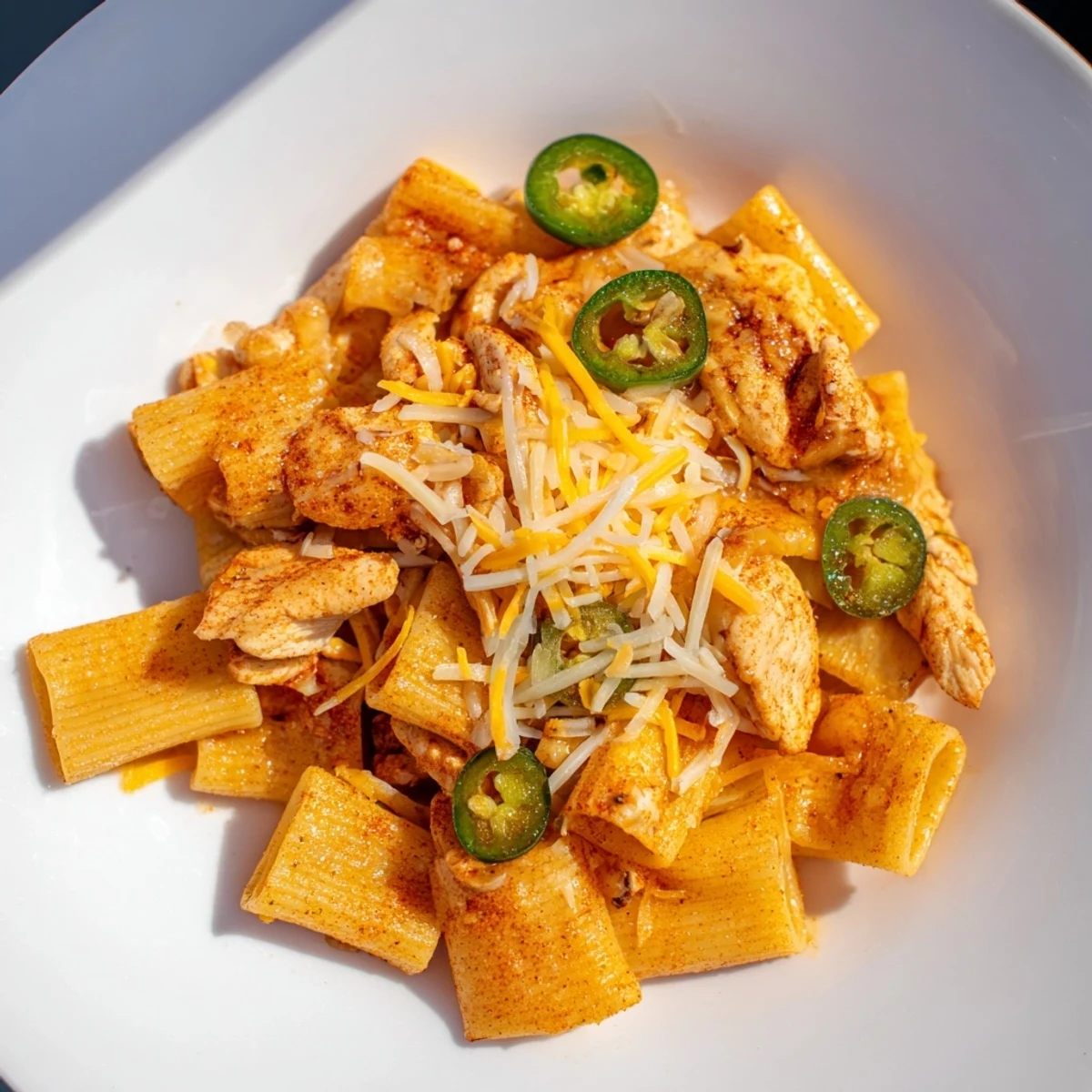 Golden, crispy pasta chip nachos featuring melted cheese, spicy chicken, and sliced jalapeños for a savory snack.