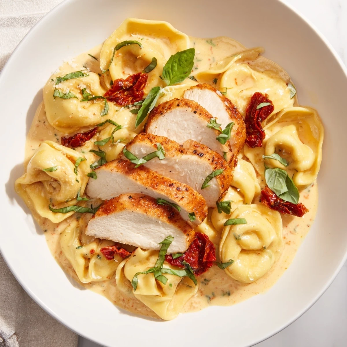 Golden chicken and cheesy tortellini smothered in creamy sauce; it's Marry Me Chicken Tortellini.