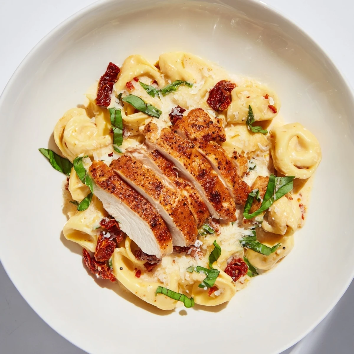 A close-up of Marry Me Chicken Tortellini shows the creamy sauce coating the pasta and shredded chicken.