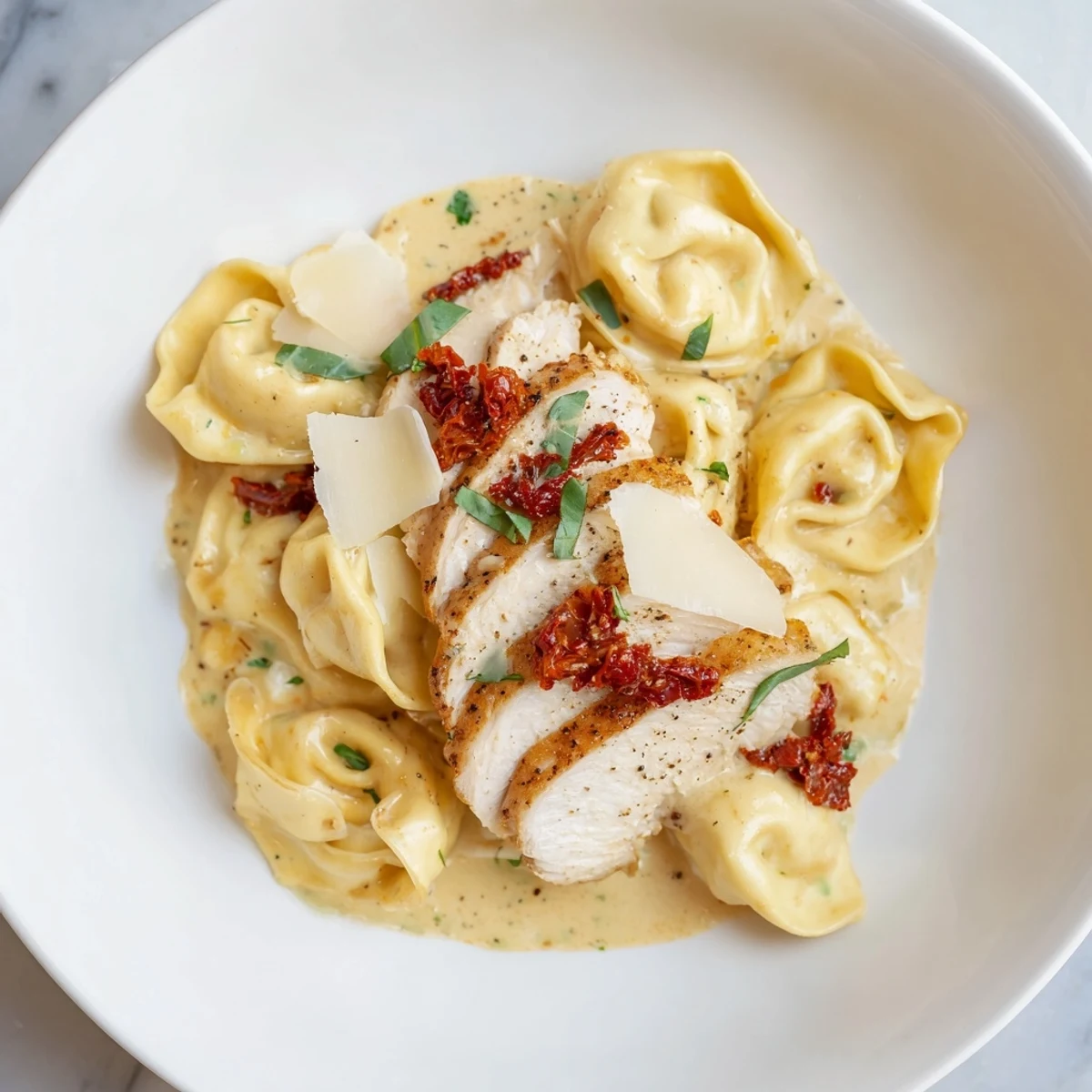 Serve this rich and flavorful Marry Me Chicken Tortellini with fresh basil and extra Parmesan cheese.