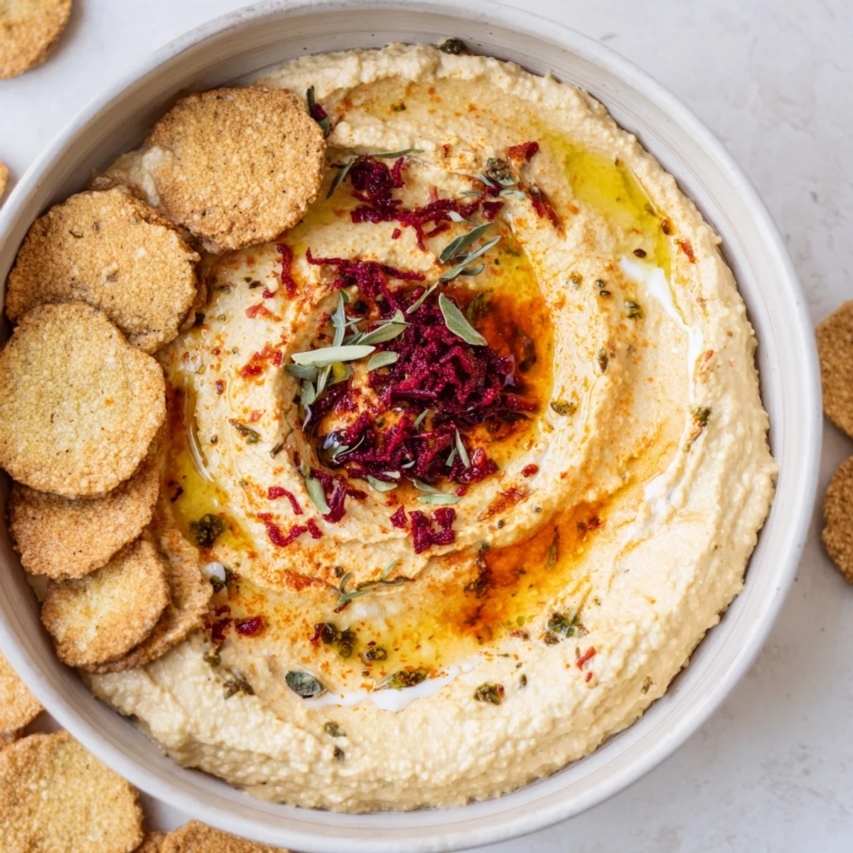 A beautifully swirled Marble Swirl appetizer with vibrant dips and colorful crackers, ready to eat.