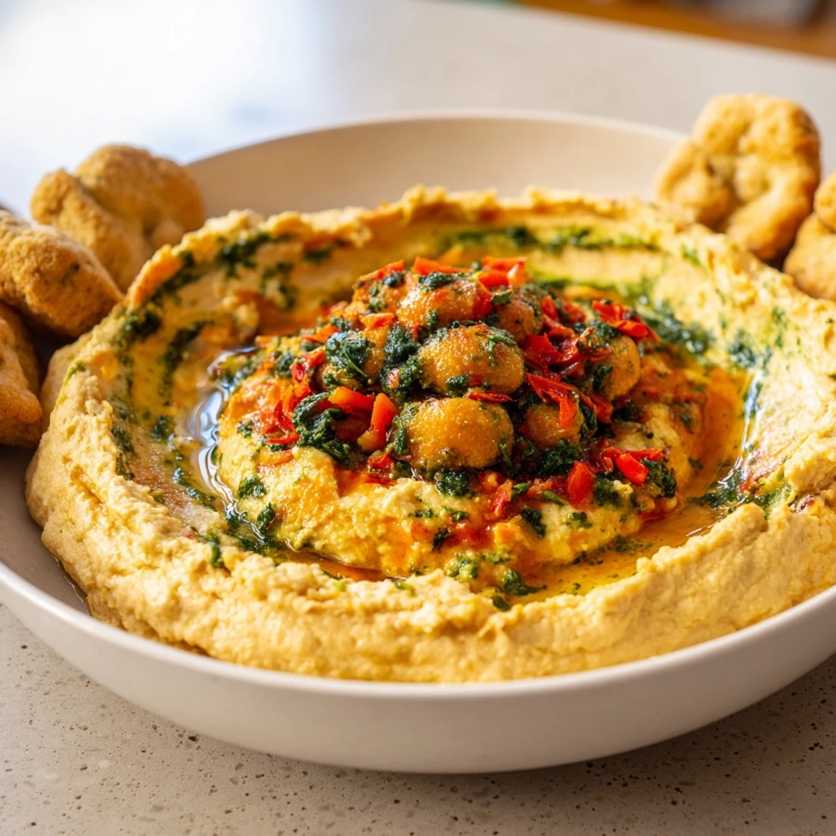 This gorgeous Marble Swirl recipe offers a delicious arrangement of dips served with crispy crackers.