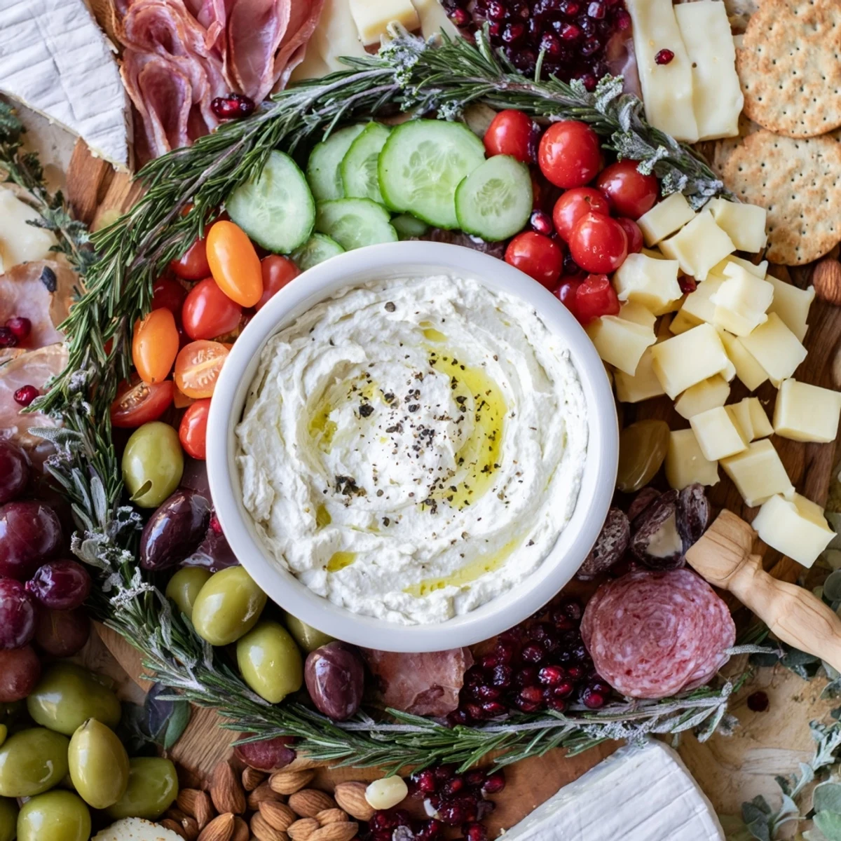 Vibrant Evergreen Wreath Board appetizer showcasing cheeses, fruits, and meats arranged with fresh rosemary.