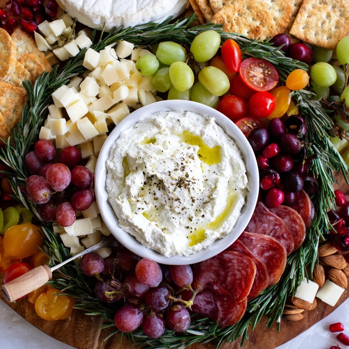 Festively decorated Evergreen Wreath Board appetizer filled with colorful, delicious cheeses and grapes.