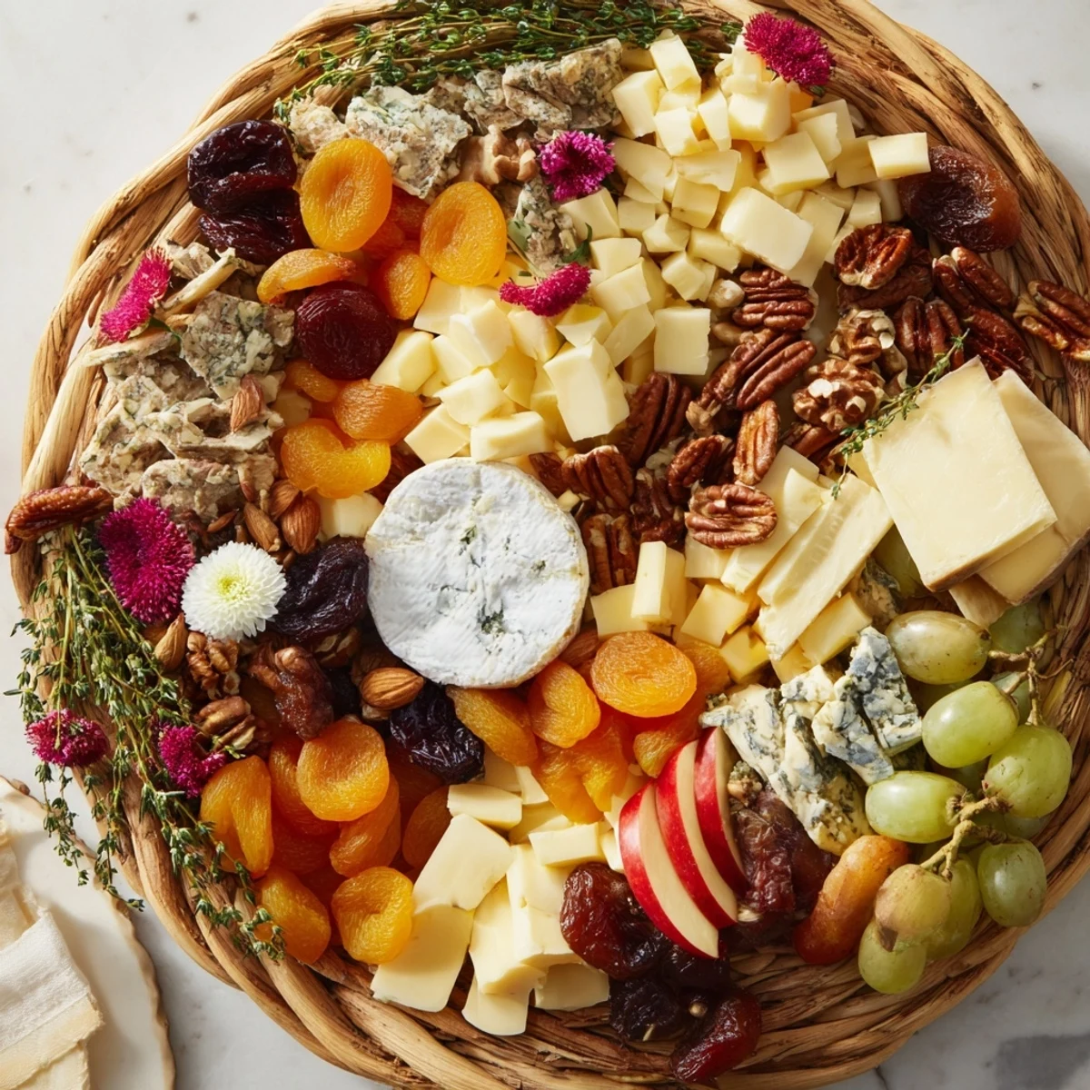 A beautiful Autumn Harvest Horn of Plenty, overflowing with colorful dried fruits and assorted cheeses.
