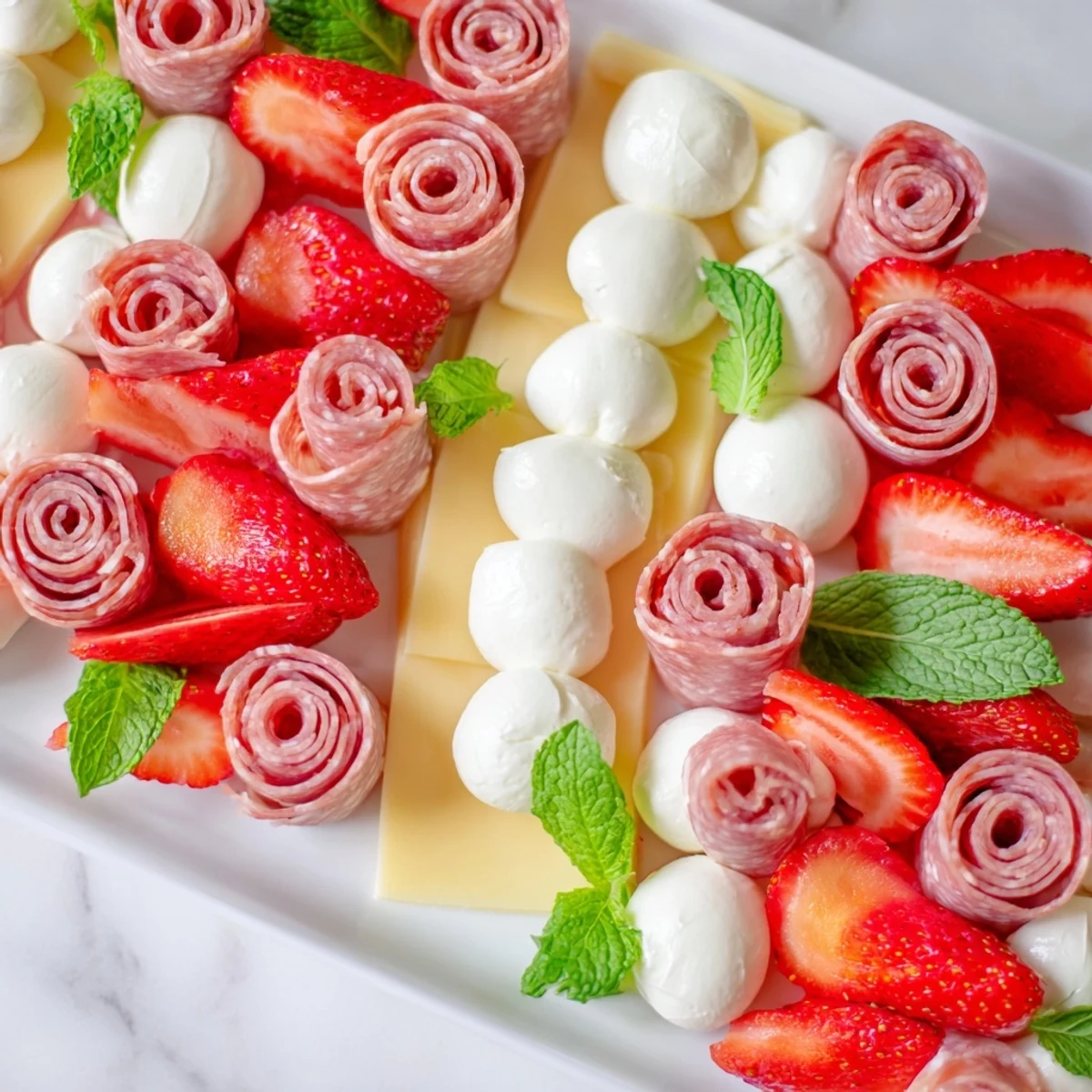 Peppermint Stripe Celebration platter with vibrant red berries, cheeses, and crackers ready to enjoy.