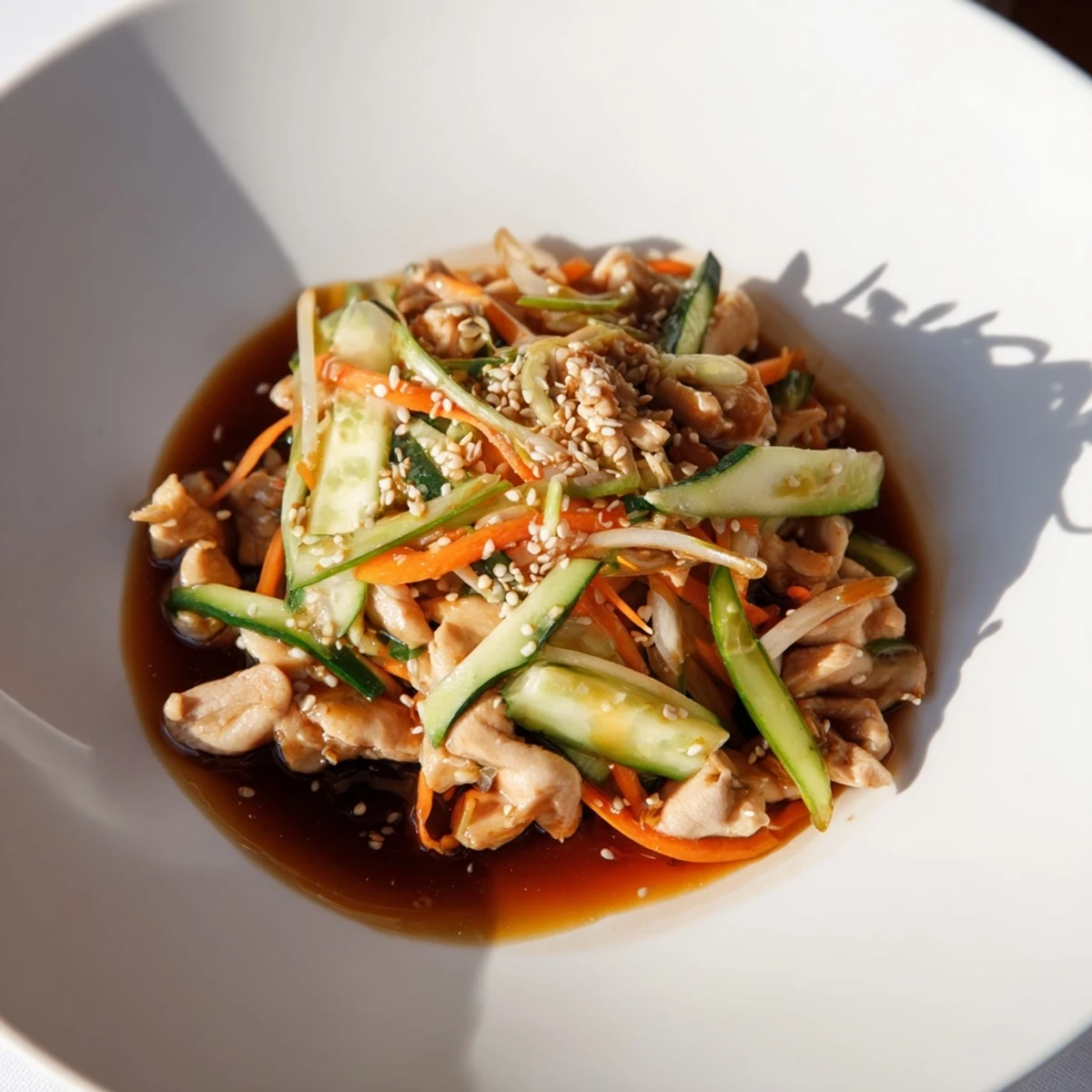 This close-up shows a healthy serving of deli container shaker chicken salad, ready to eat.