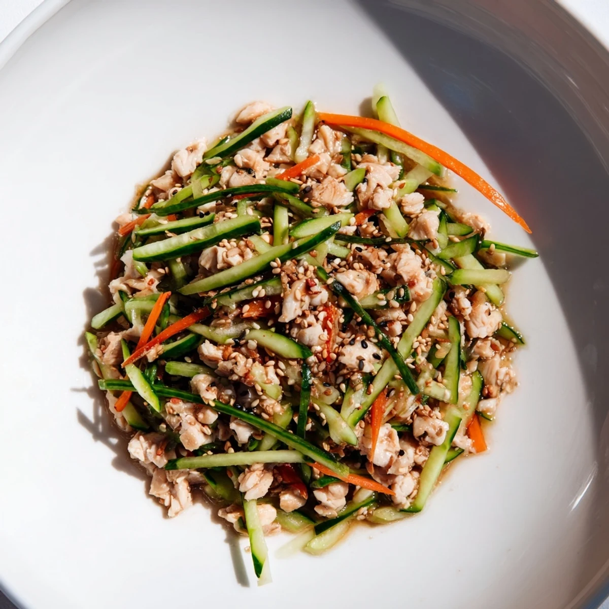 See the layers: Crispy cucumber and tender chicken mingling in the deli container shaker chicken salad.