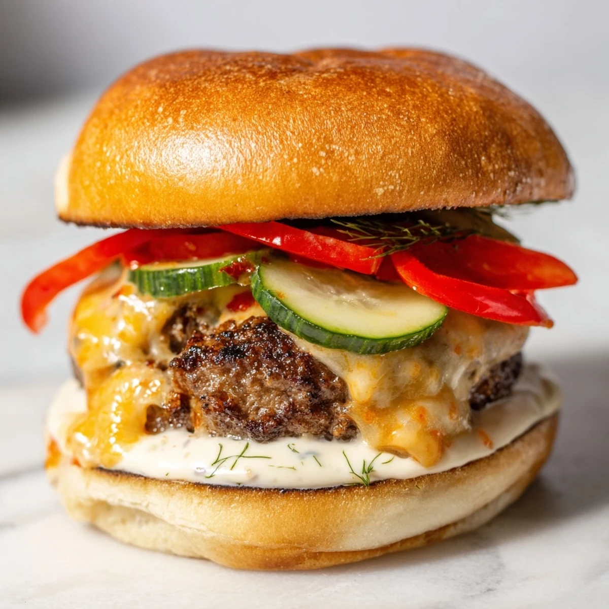 Fire & Ice Burger: a juicy burger patty topped with melted pepper jack, ready to enjoy.