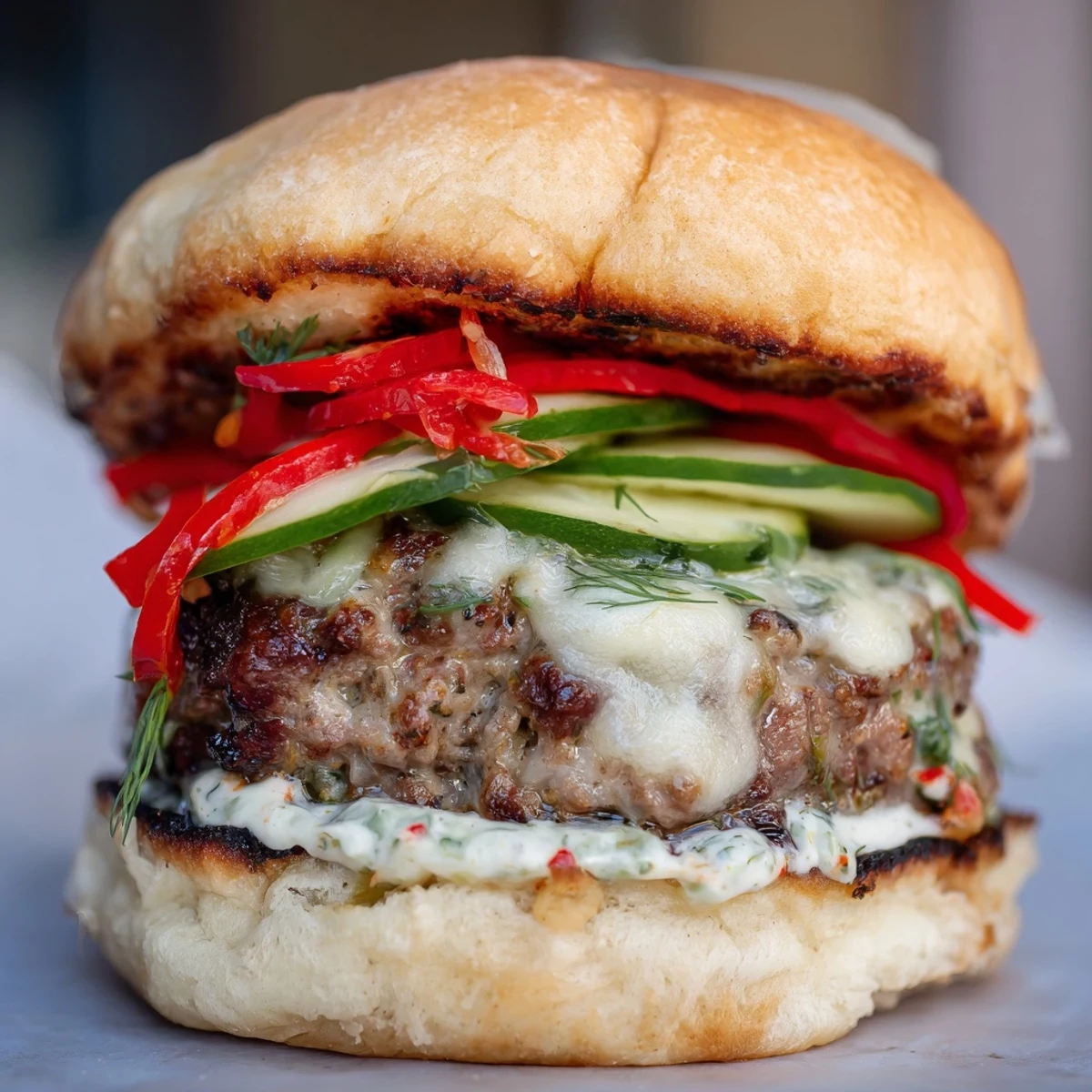 Close-up of a flavorful Fire & Ice Burger showcasing melted cheese and fresh, crisp toppings.