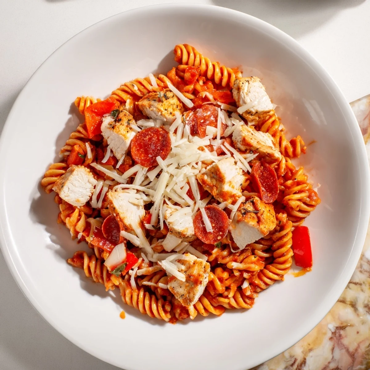 One-pan pizza pasta bubbling hot, showcasing melted mozzarella and crispy pepperoni.