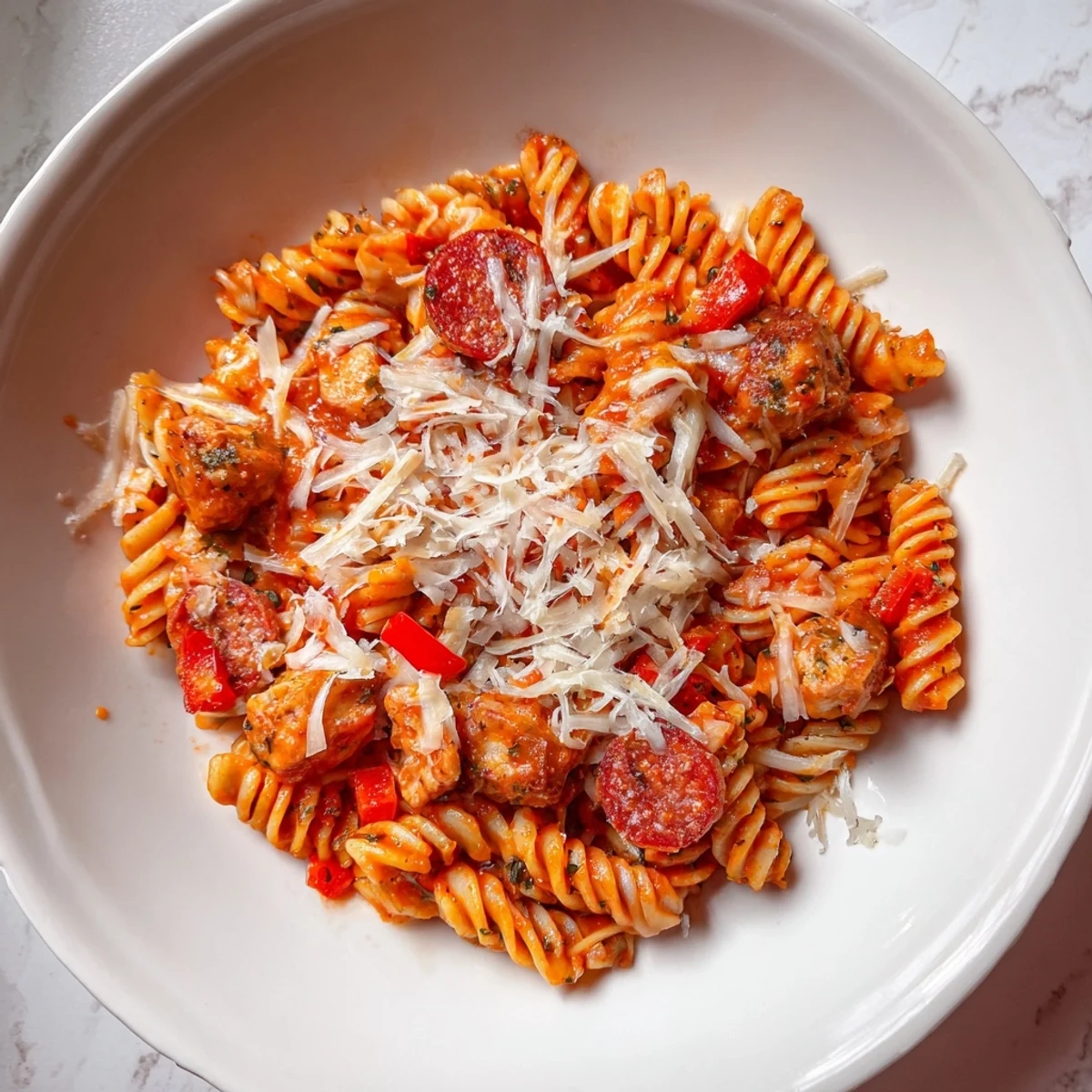 Savory and comforting, one-pan pizza pasta with visible chicken and an aromatic herb garnish.
