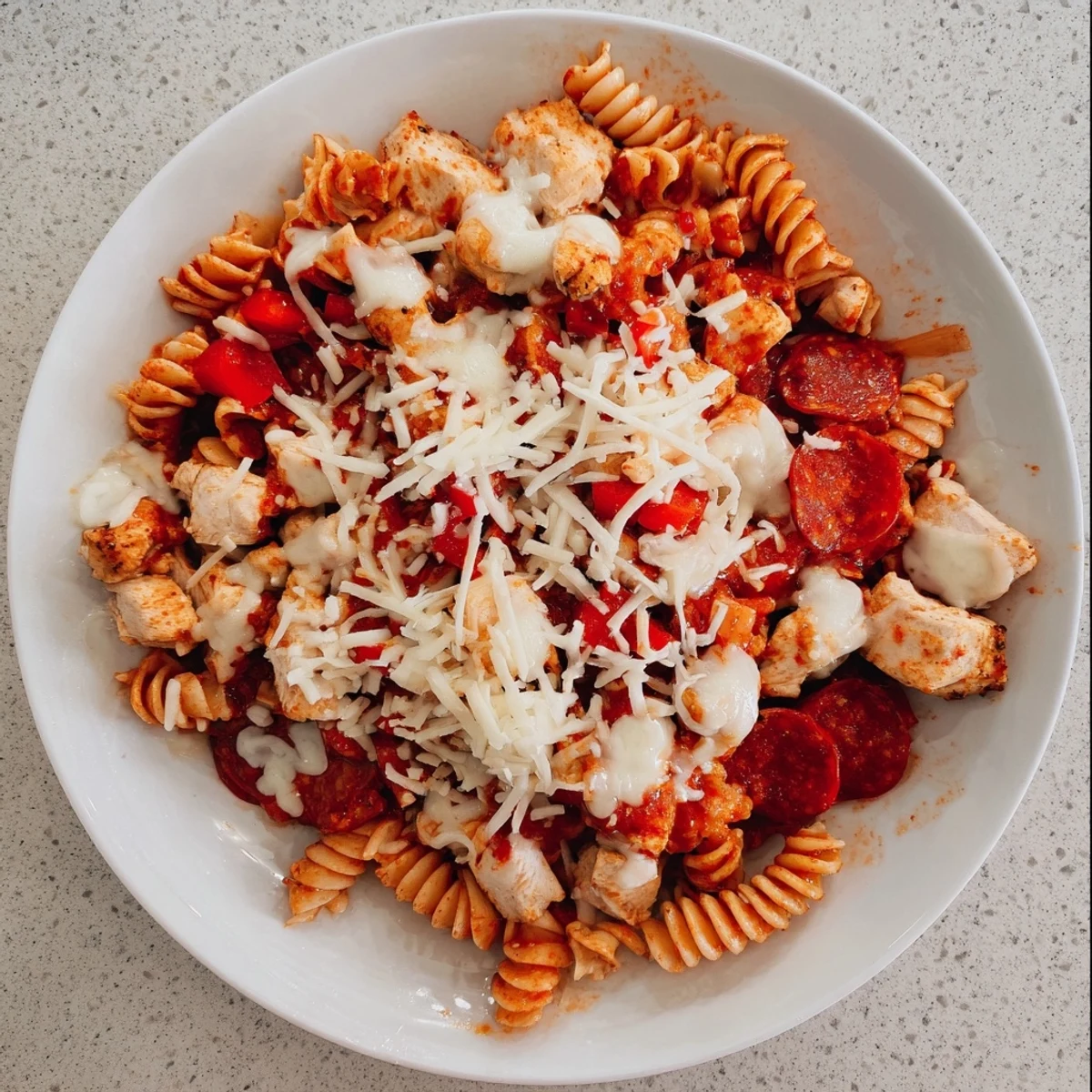 A close-up of cheesy one-pan pizza pasta with rotini, chicken, and a marinara sauce base.