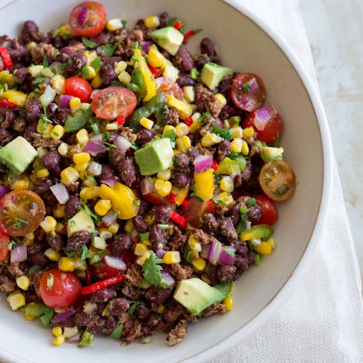 This colorful Dense Southwestern Bean Salad shows off black beans, chicken, and corn, ready to eat.