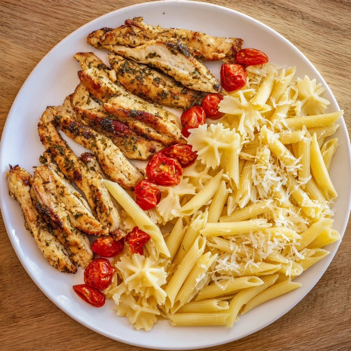 Girl Dinner Pasta Board, a colorful platter showcasing assorted pasta, sauces, and grilled chicken strips.