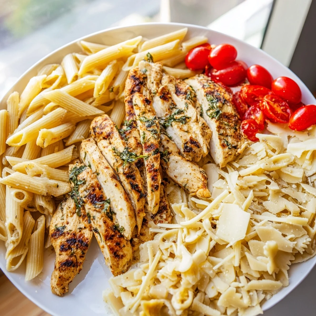 This Girl Dinner Pasta Board features vibrant sauces with perfectly cooked pasta and tender, sliced grilled chicken.