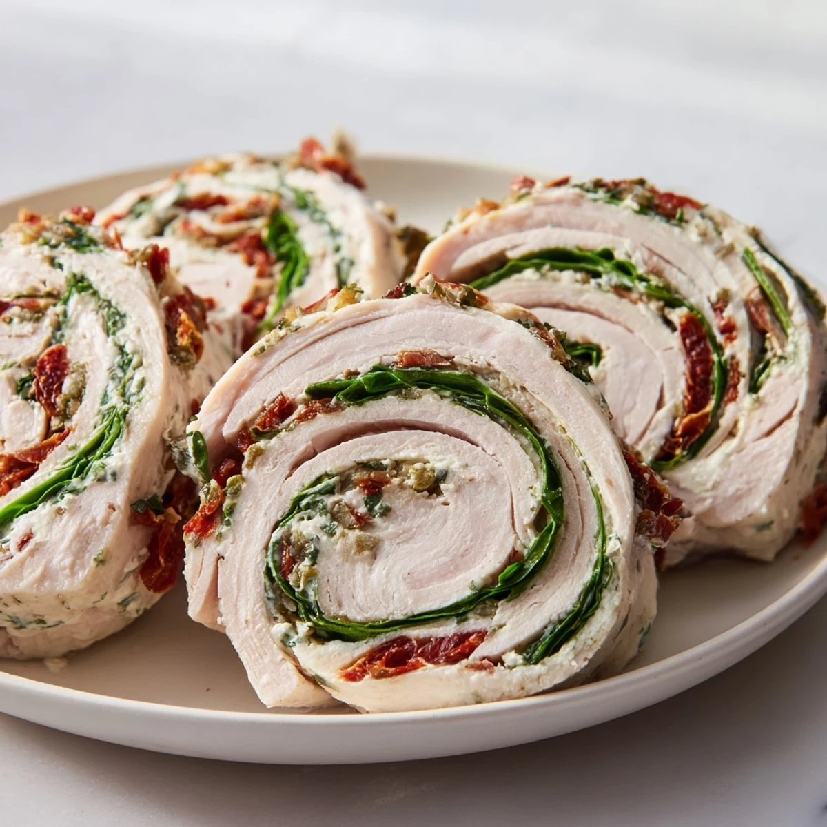 Sun-dried tomato turkey roll-ups, rolled and sliced, reveal a creamy, herb-filled interior for a savory snack.