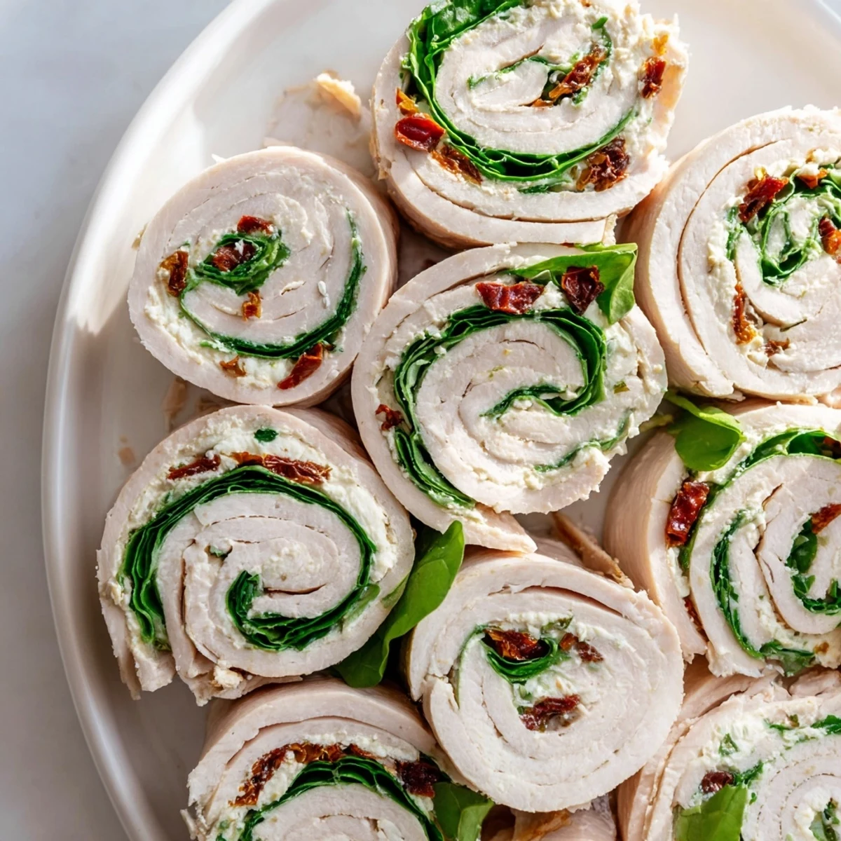 Fresh spinach peeks from inside these beautiful sun-dried tomato turkey roll-ups, a bright and flavorful appetizer.