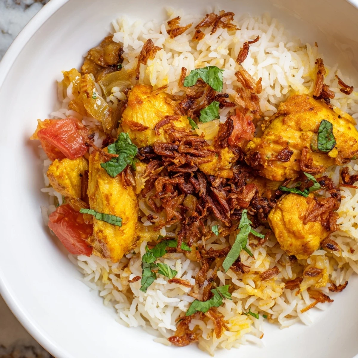 Close-up of golden Easy Chicken Biryani garnished with cilantro, ready to be enjoyed.