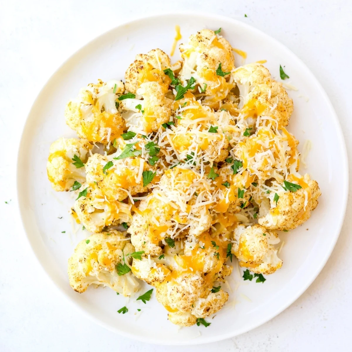 Cheesy Cauliflower Mac bubbling in a baking dish, with a golden, melted cheese crust.