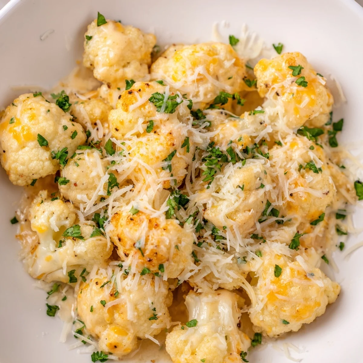 A close-up of creamy Cheesy Cauliflower Mac, revealing tender cauliflower florets in a cheese sauce.