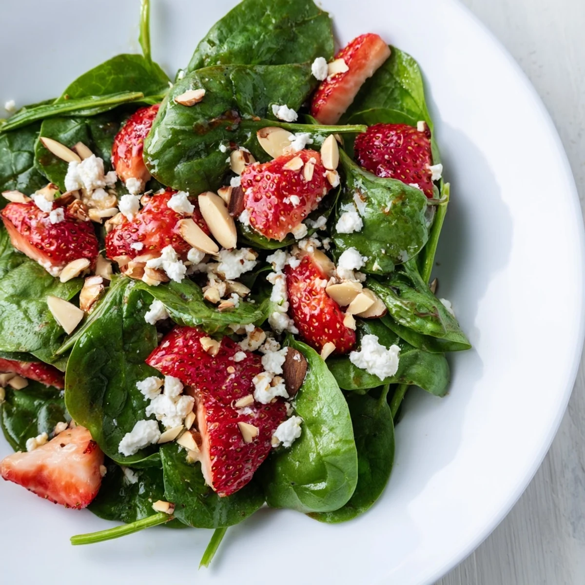 A bright, colorful Strawberry Spinach Salad with ripe strawberries against fresh green spinach.