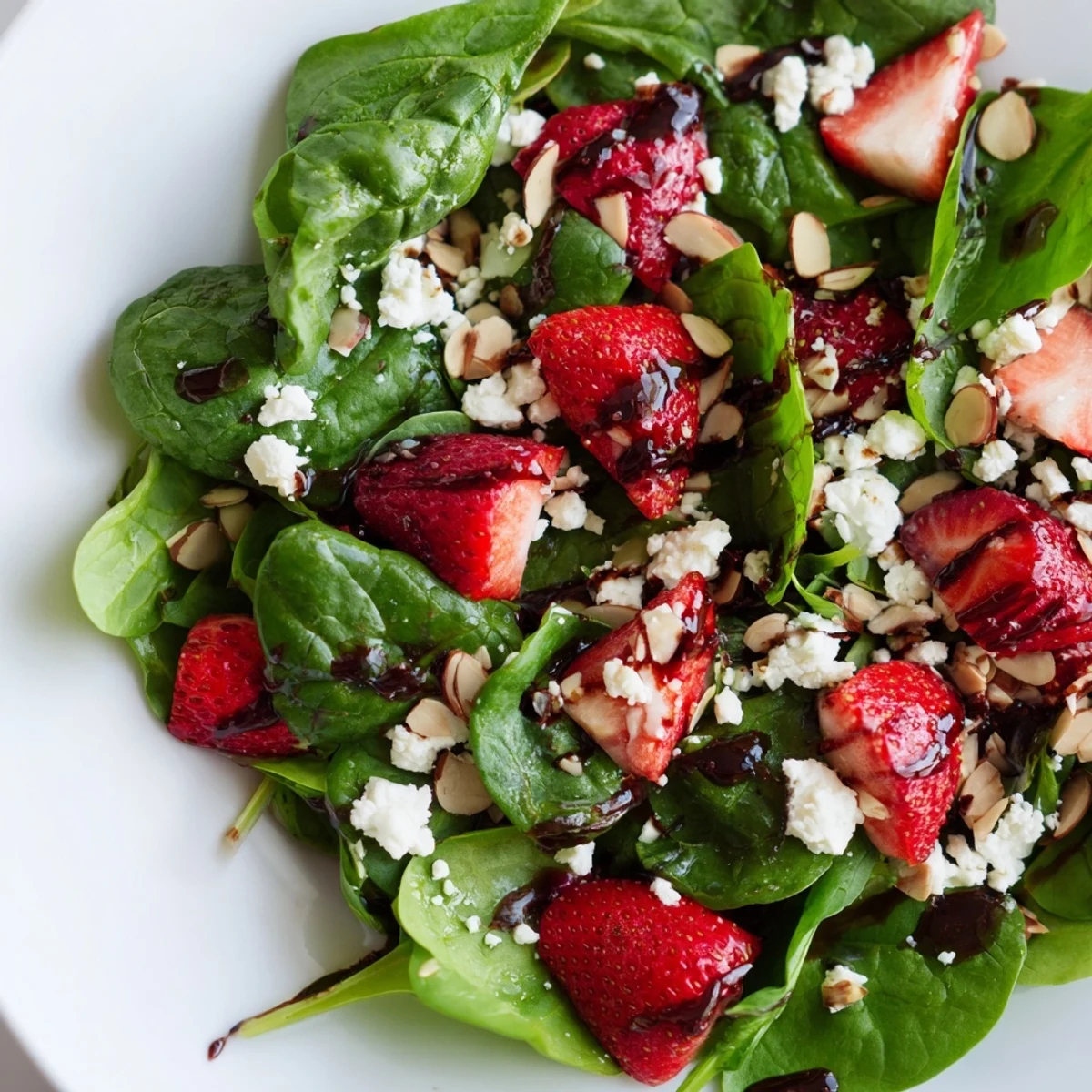 Tangy balsamic dressing coats this inviting Strawberry Spinach Salad topped with toasted almonds.
