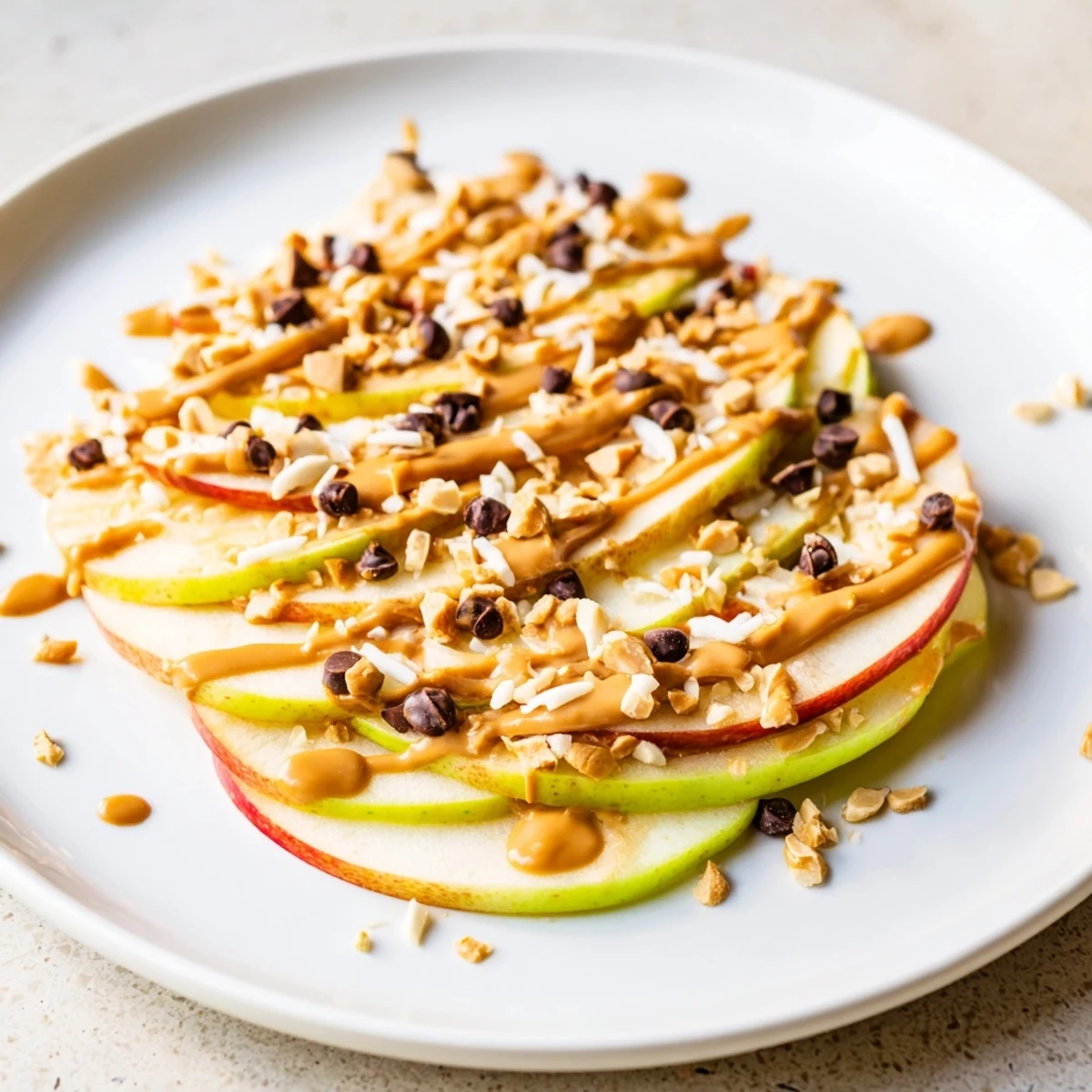 Sweet honey drizzled over peanut butter and apples, creating flavorful peanut butter apple nachos.