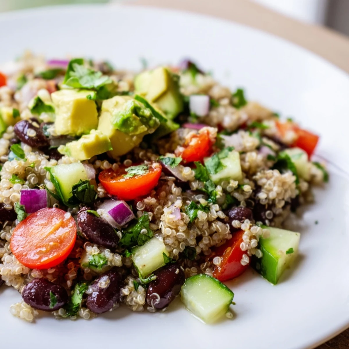 A colorful quinoa black bean salad, with fresh cilantro and lime dressing, ready to enjoy.