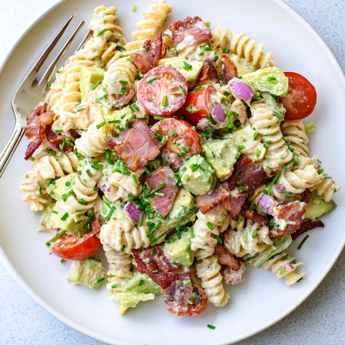 BLT Pasta Salad: a creamy, chilled pasta salad with crispy bacon, fresh veggies, and bright flavors.