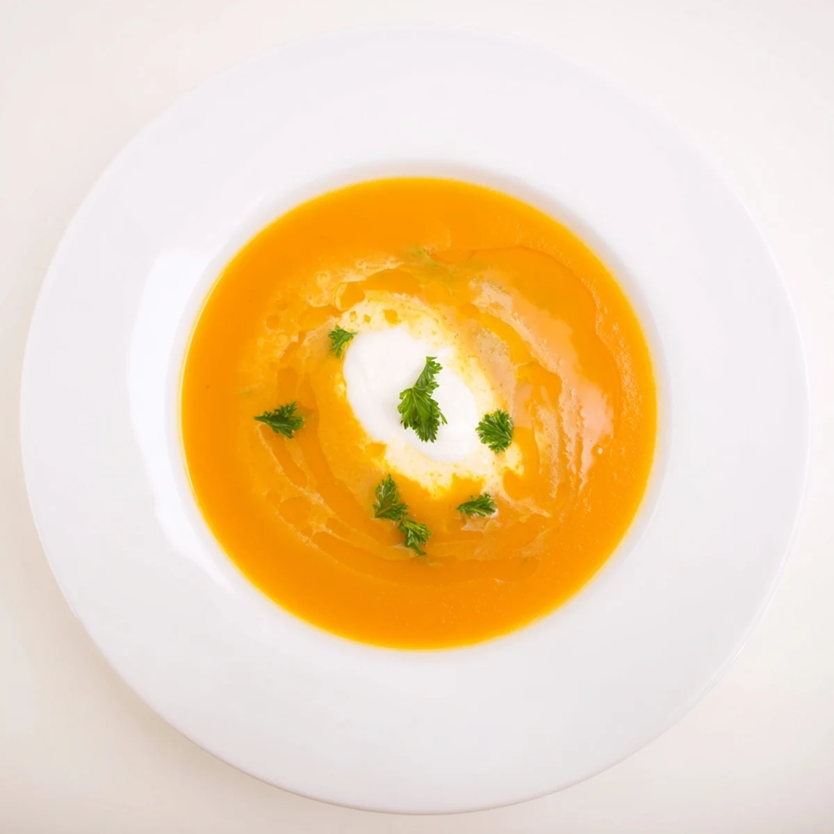 Steaming bowl of Sweet Maple Carrot Soup, garnished with parsley and a drizzle of maple syrup.