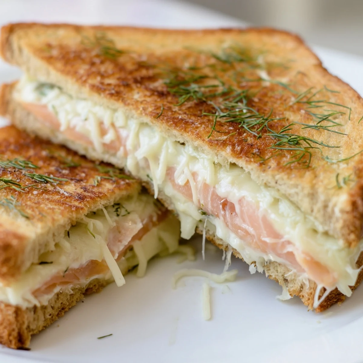 Golden, crisp Smoked Salmon Grilled Cheese sandwich, cheese oozing, with fresh dill and flavorful salmon.