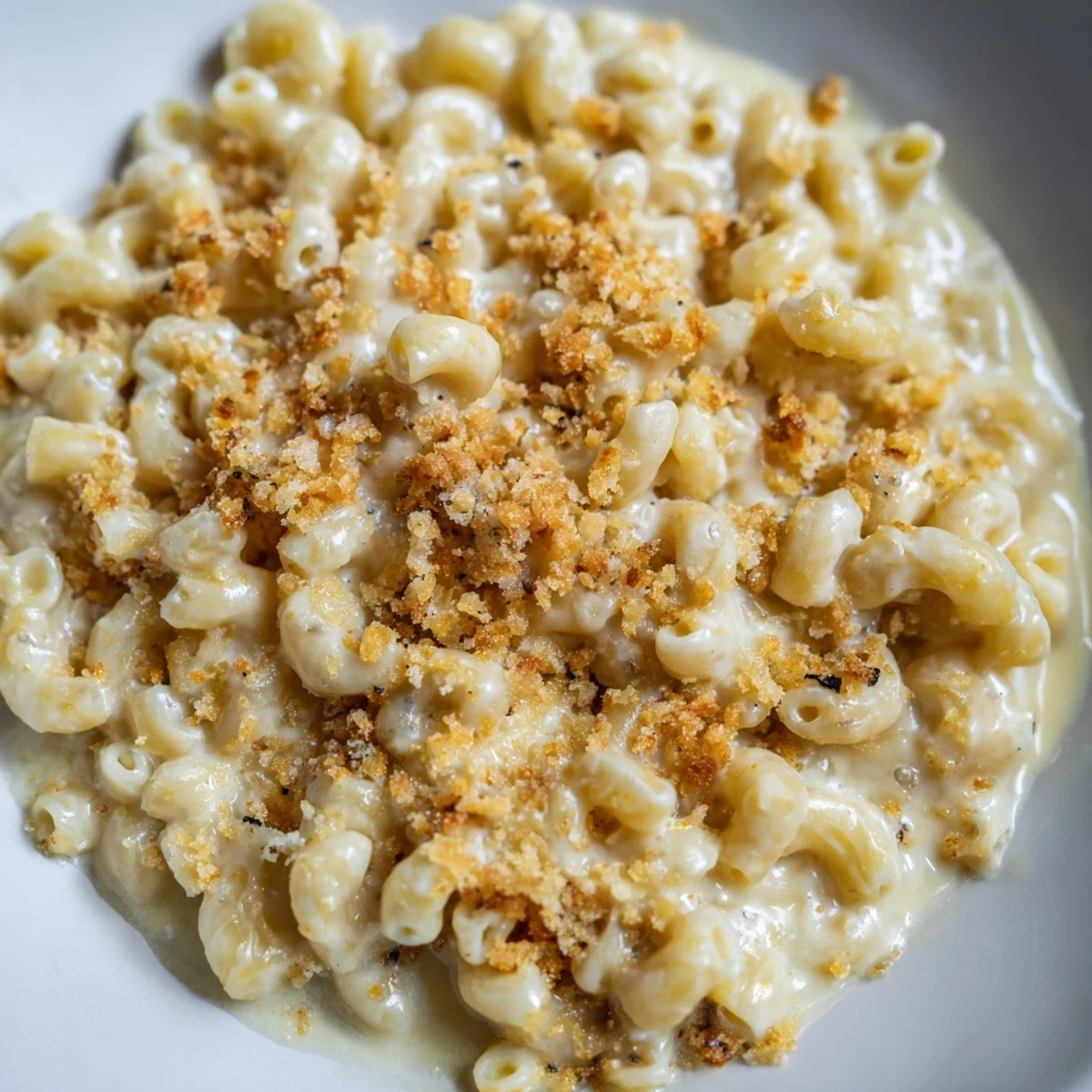 A close-up shot of rich and bubbly baked mac and cheese, ready to serve.
