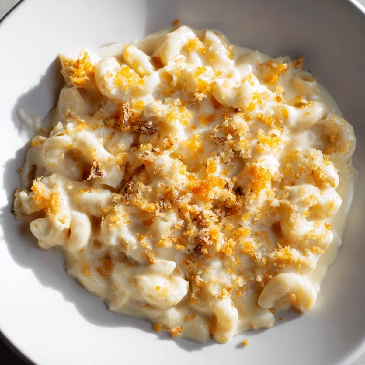 Golden baked mac and cheese with a crispy breadcrumb topping, a true American comfort food.
